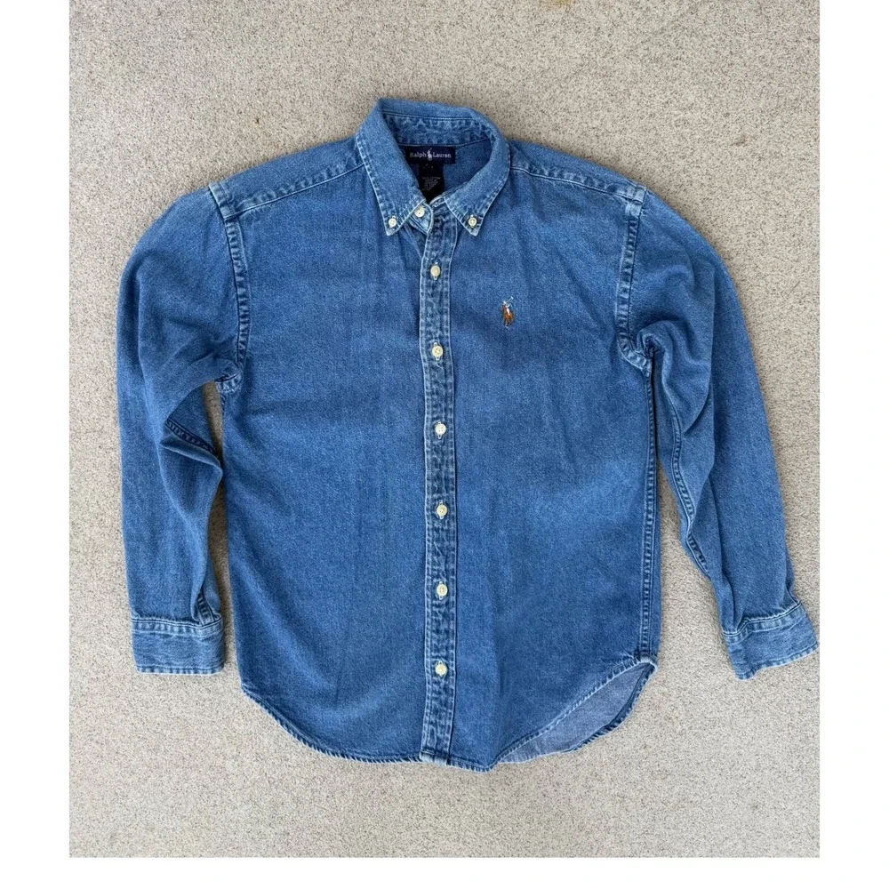 Ralph Lauren Denim Kids M Button Down Shirt - Blue Long Sleeve Pony Logo